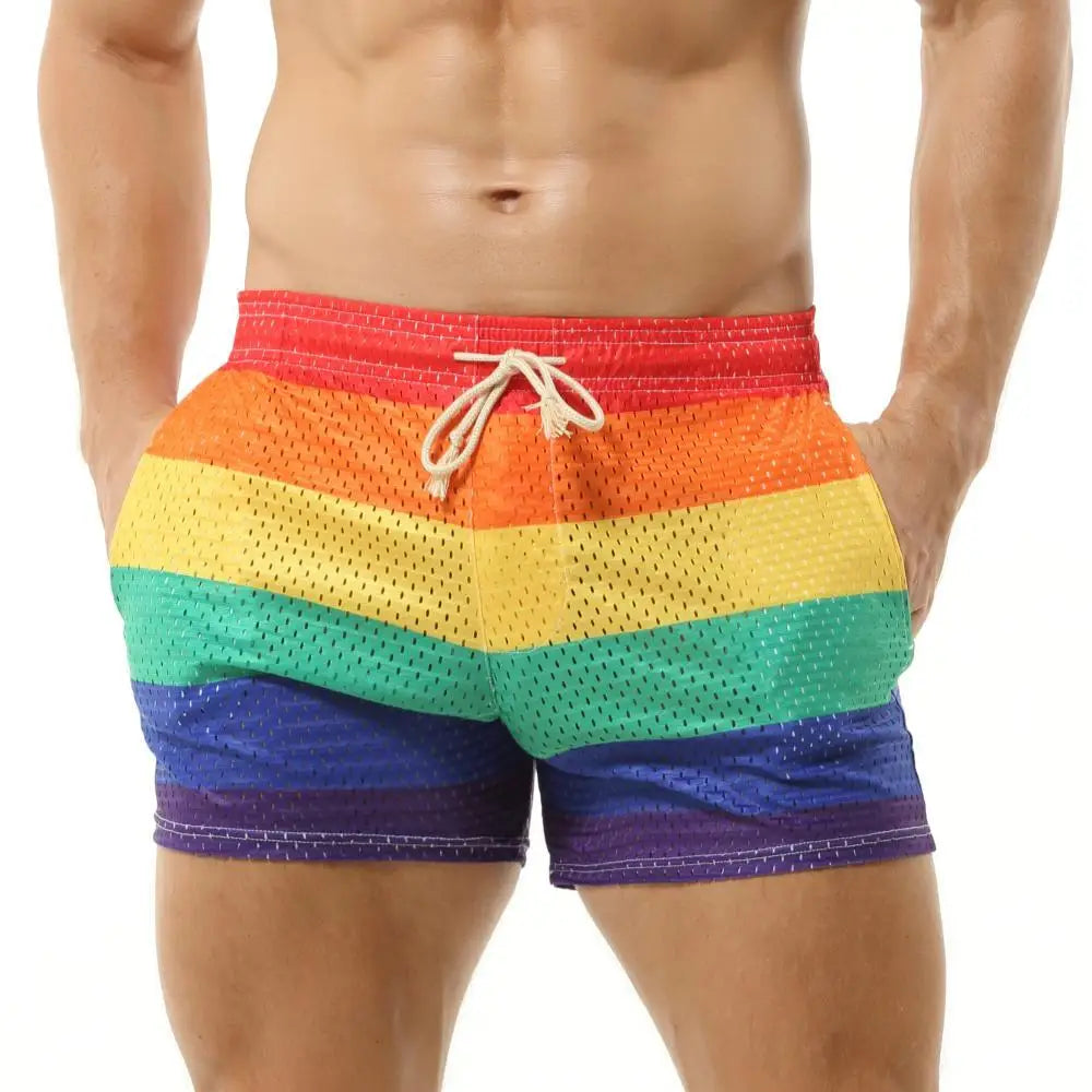 Men's Shorts Rainbow Stripe Fashion Casual Shorts Mesh Breathable Drawstring Sports Shorts Gym Men Boxer Shorts Bottoms Pocket