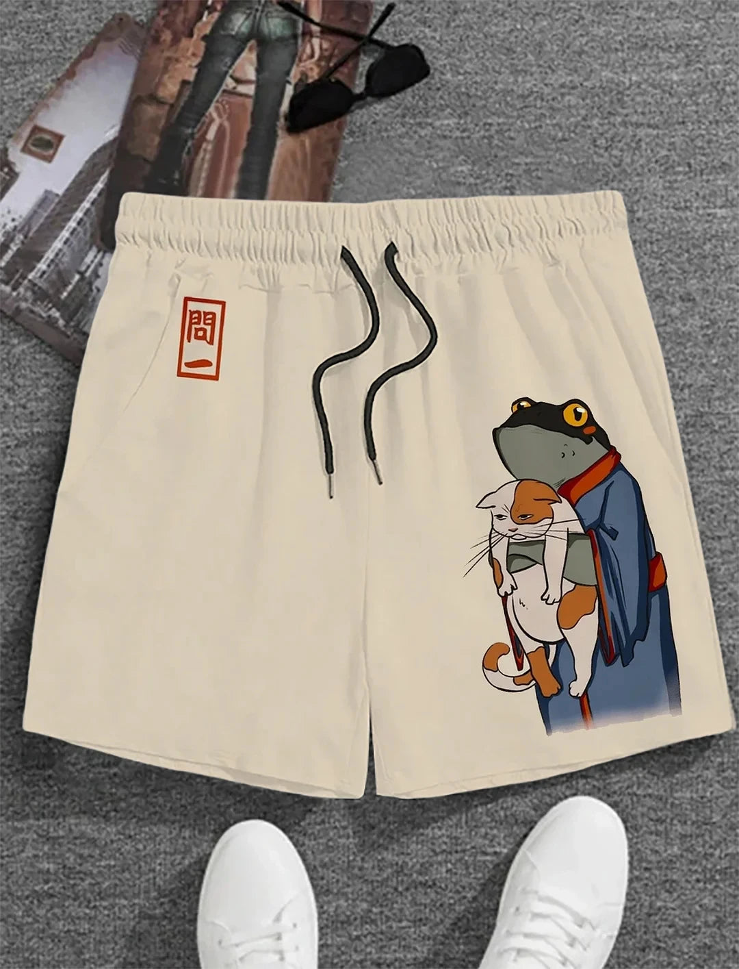 Men's swimming trunks 3D Japanese cat warrior print beach shorts quick-drying outdoor leisure sports shorts casual men's shorts