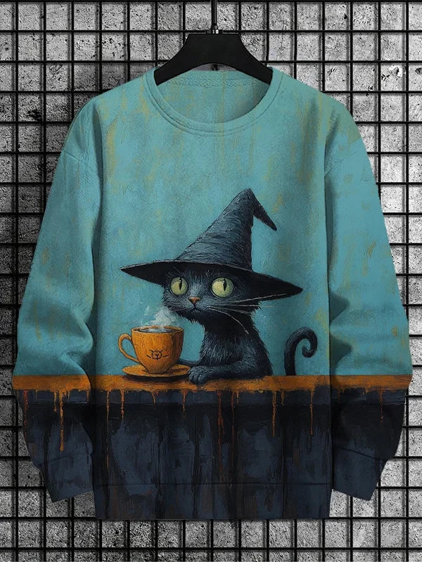 Men's Retro Animal Kitten Printed Casual Sweatshirt Fashion Round Neck Pullover Sweatshirt Polyester Fabric 2025 New