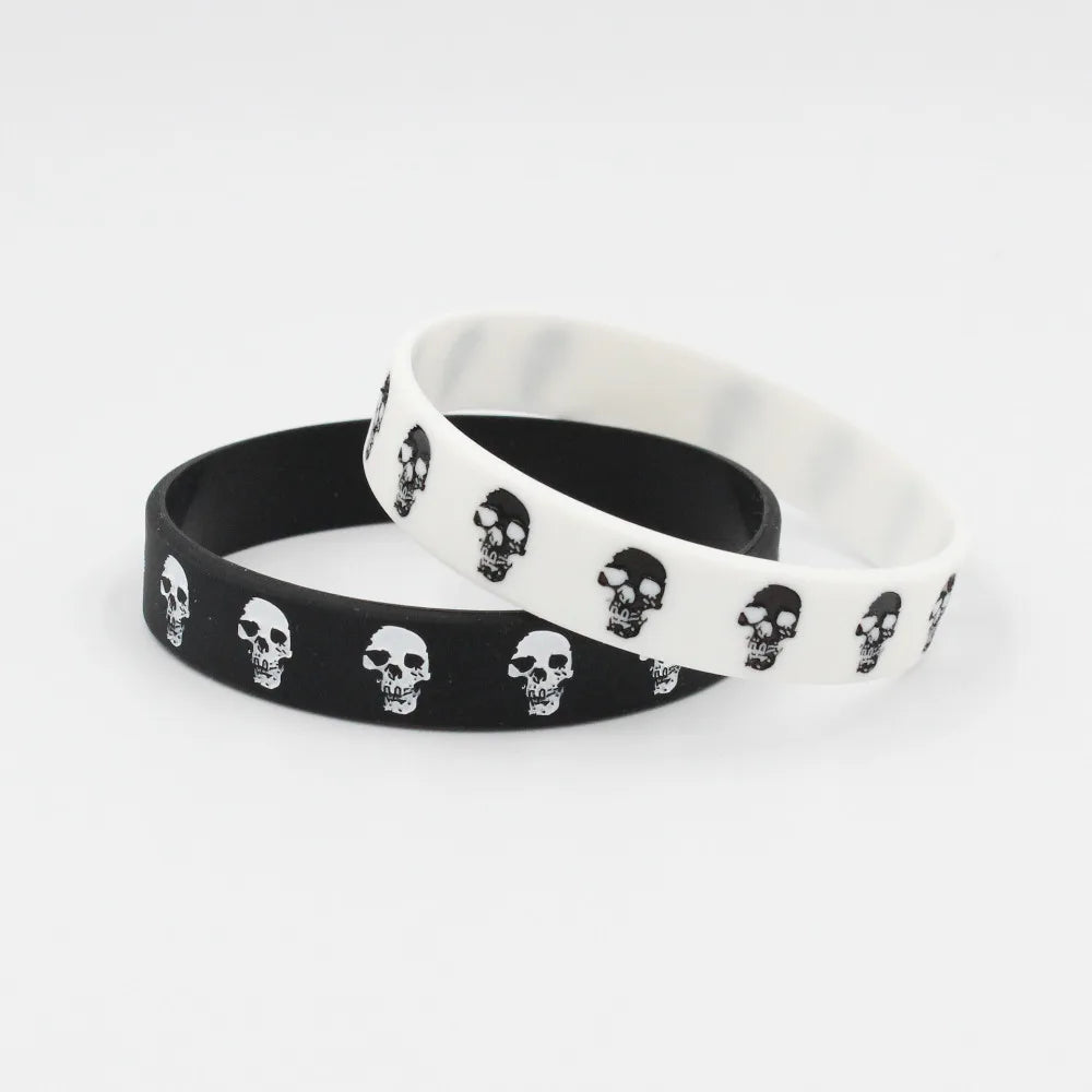 1PC Casual Skull Silicone Rubber Wristband Sports Black White Bracelets Bangles Hip Hop Skeleton Bands Women Men Halloween Gift