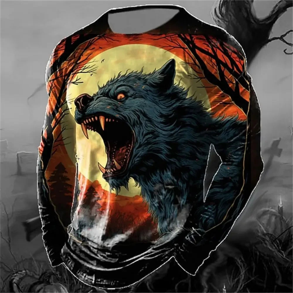 Men's Long Sleeve T-shirt Winter 3D Animal Print T Shirts Street Fashion Wolf Pattern Tops Tees Oversized Men's Clothing