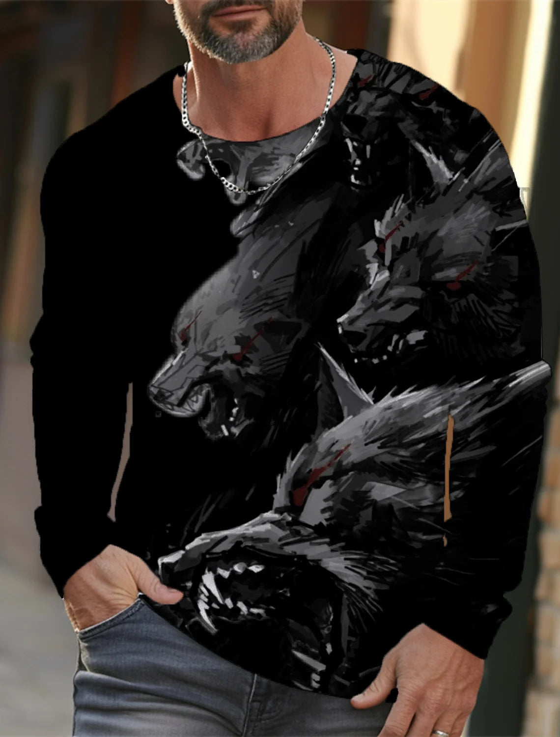 2024 new men's long-sleeved t-shirt 3d printed high-definition wolf animal print men's autumn tops casual round neck t-shirt