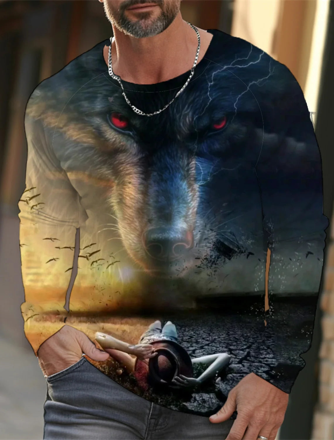 2024 Men's Summer Long Sleeve 3d Printed Wolf Print T-Shirt Tops Men Streetwear Clothing Round Neck Graphic Long Sleeve T-Shirt