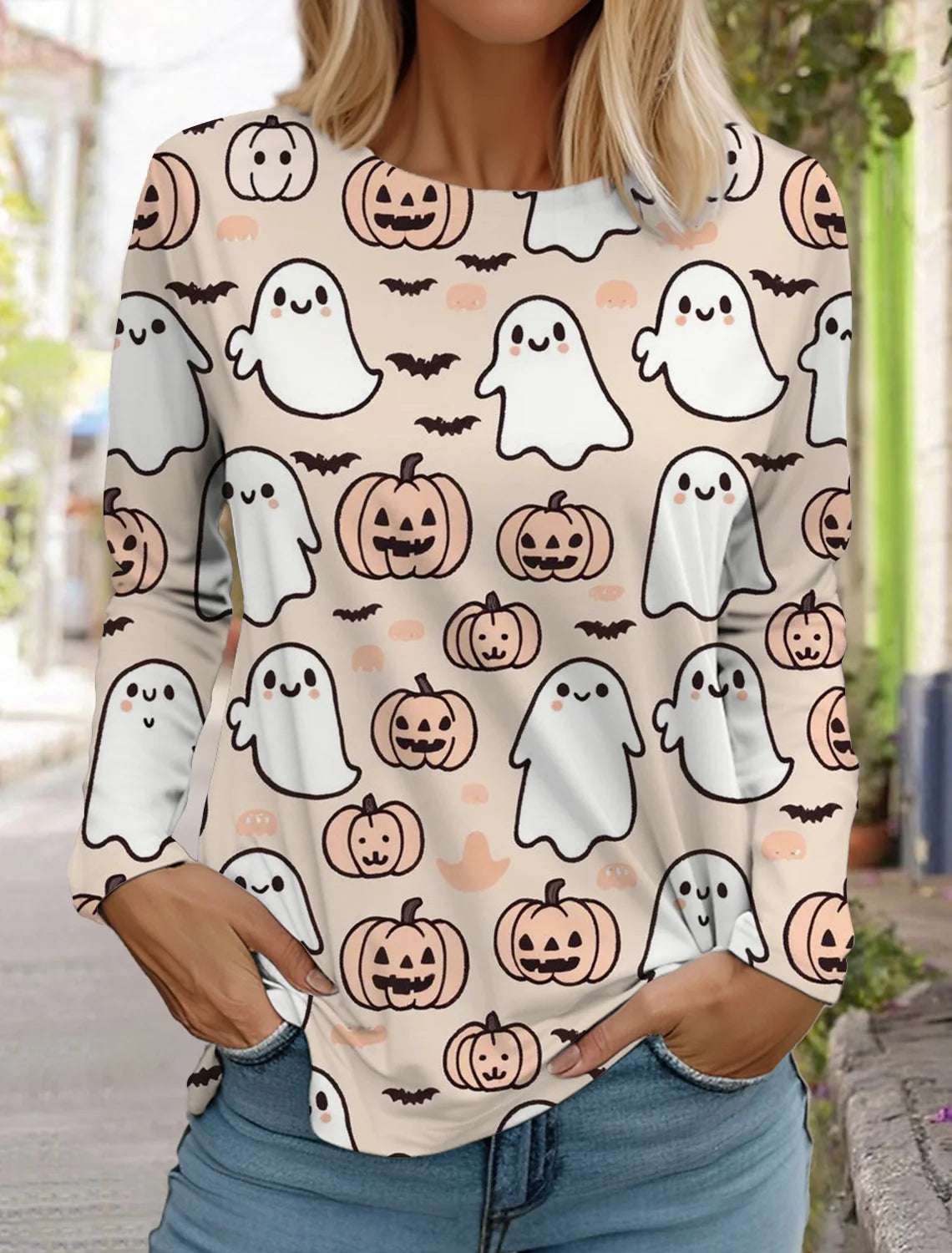 Halloween skull pumpkin print pullover autumn and winter women's casual long sleeve round neck sweatshirt men's clothing