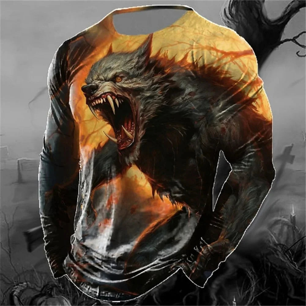 Men's Long Sleeve T-shirt Winter 3D Animal Print T Shirts Street Fashion Wolf Pattern Tops Tees Oversized Men's Clothing