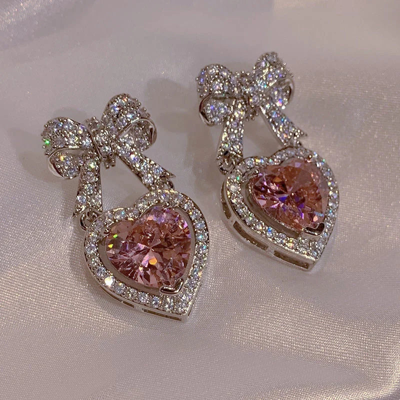 Exquisite Pink Heart Shape Bowknot Stud Earrings For Women Shining CZ Zircon