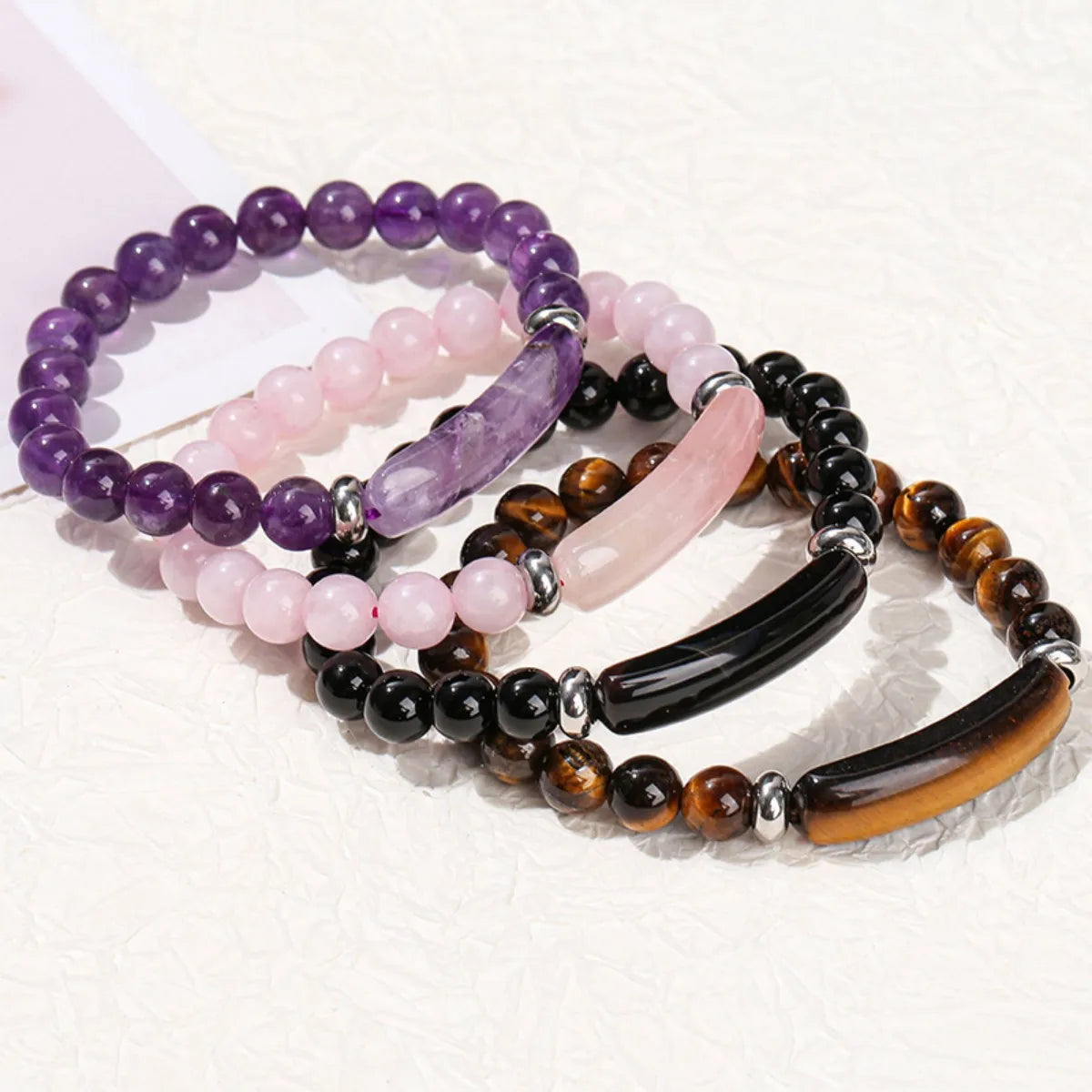 Natural Stone Bracelet: Featuring Rectangular Rose Quartz Plaques, Round Beads, Agate, Obsidian, and Raw Amazonite