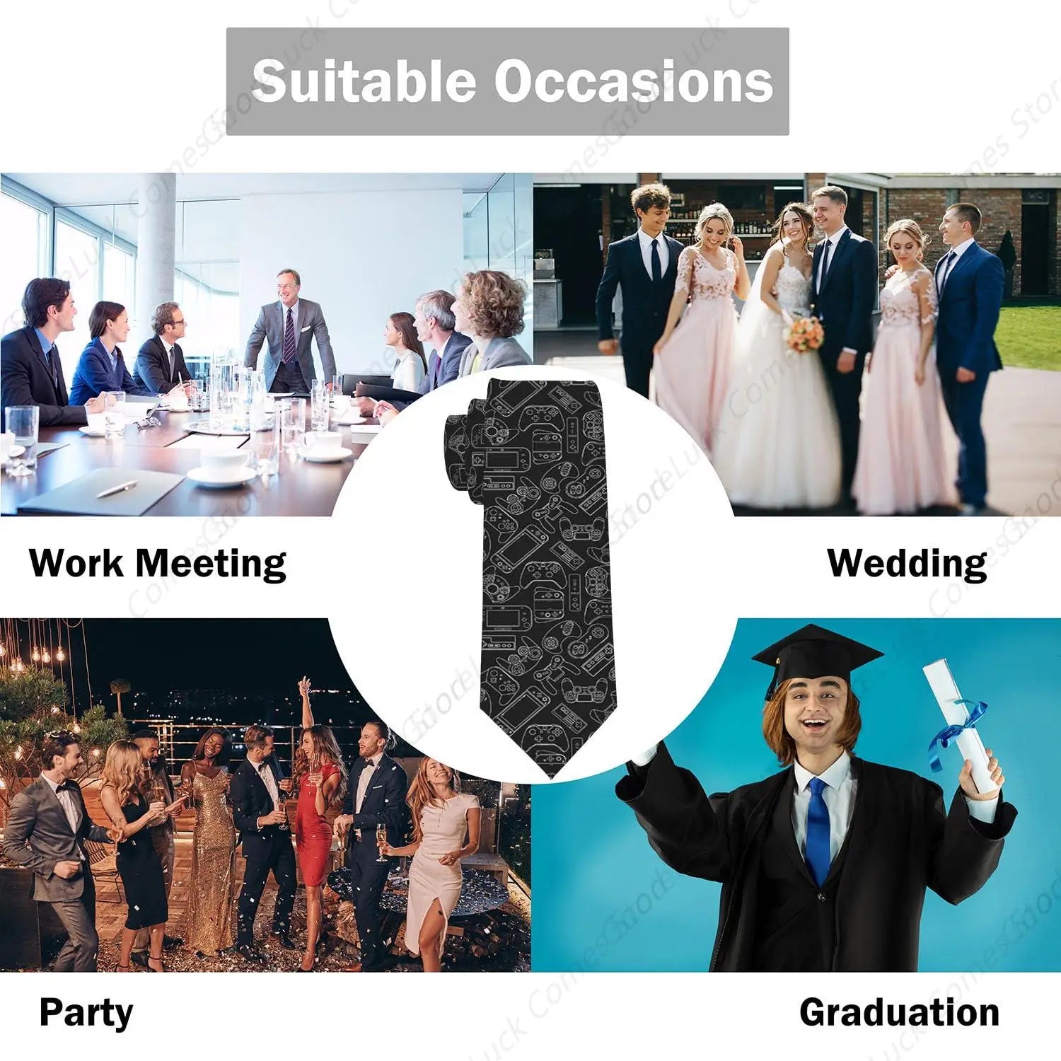 Video Game Controller Black Men's Tie Necktie Formal Business Suit for Men Wedding Groom Groomsmen Boyfriend