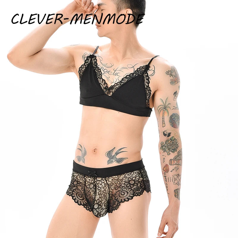 Men Sexy Crossdressing Erotic Sissy Lingerie See Through Mesh Lace Gay Underwear Male Bra Top Transparent Boxers Fetish Customs