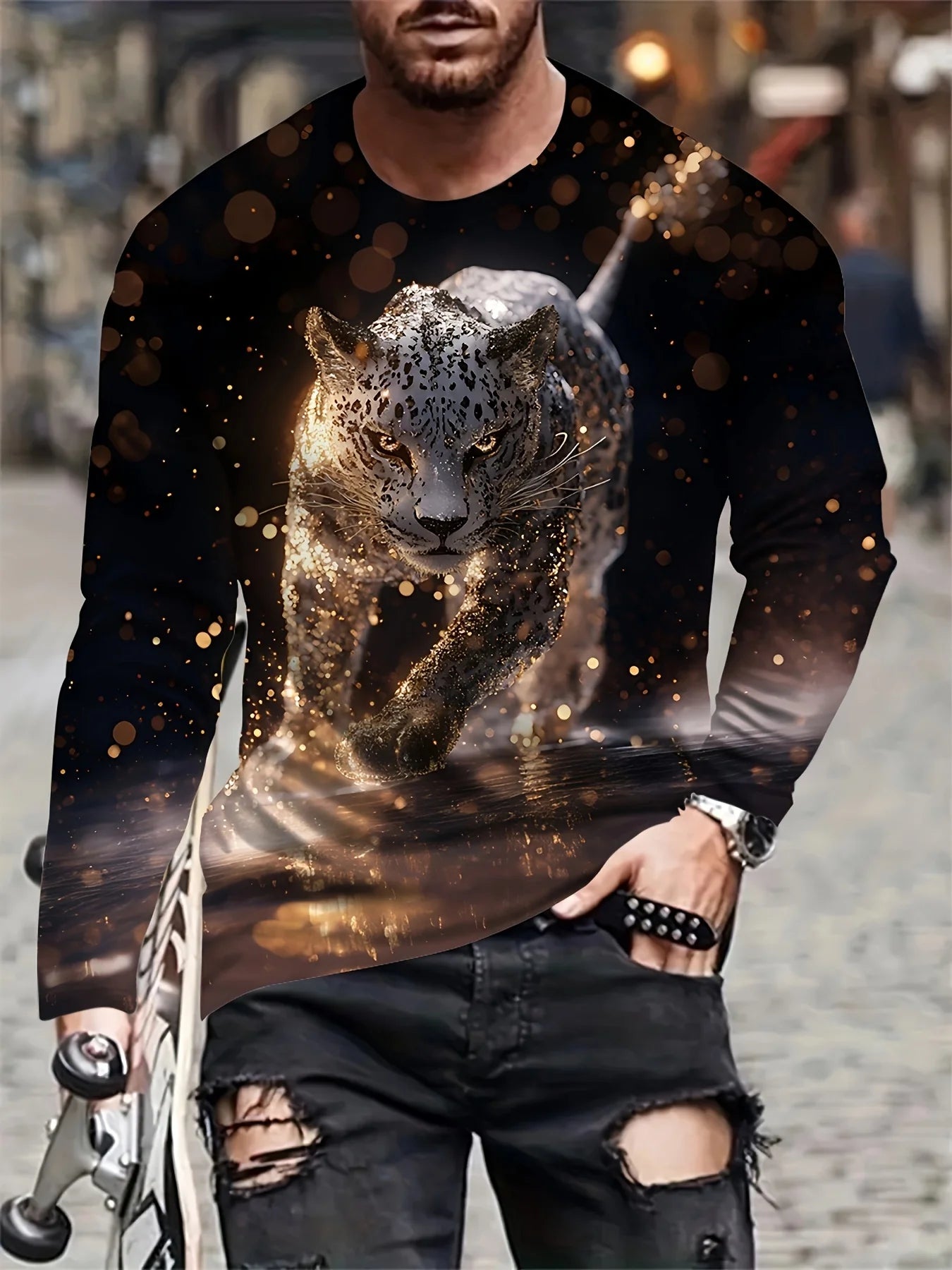 Black and white tiger print men's T-shirt fashion long-sleeved T-shirt casual round neck street top loose pullover autumn