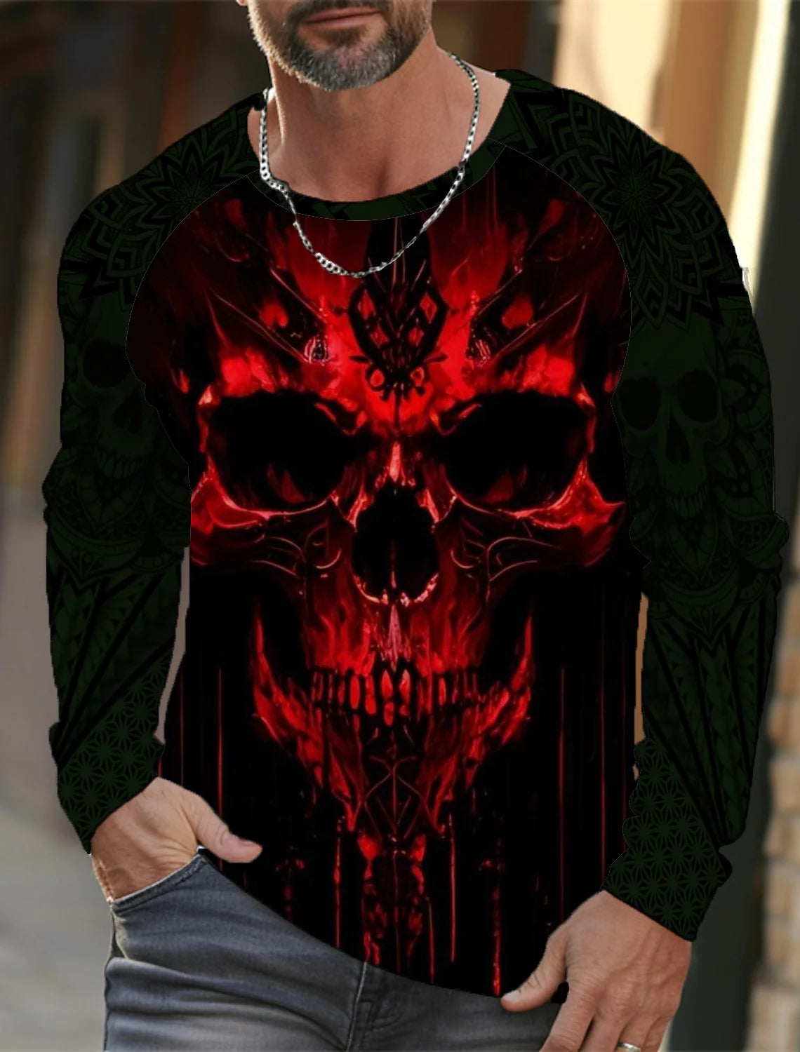 Men's long-sleeved T-shirt 3D printed high-definition skull stitching printing men's autumn tops casual round neck home clothes