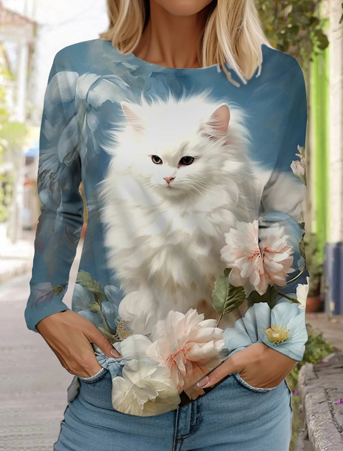 2024 Autumn and Winter Women's Long Sleeve 3D Printed Kitten Cute Print T-Shirt Women's Streetwear Round Neck Long Sleeve