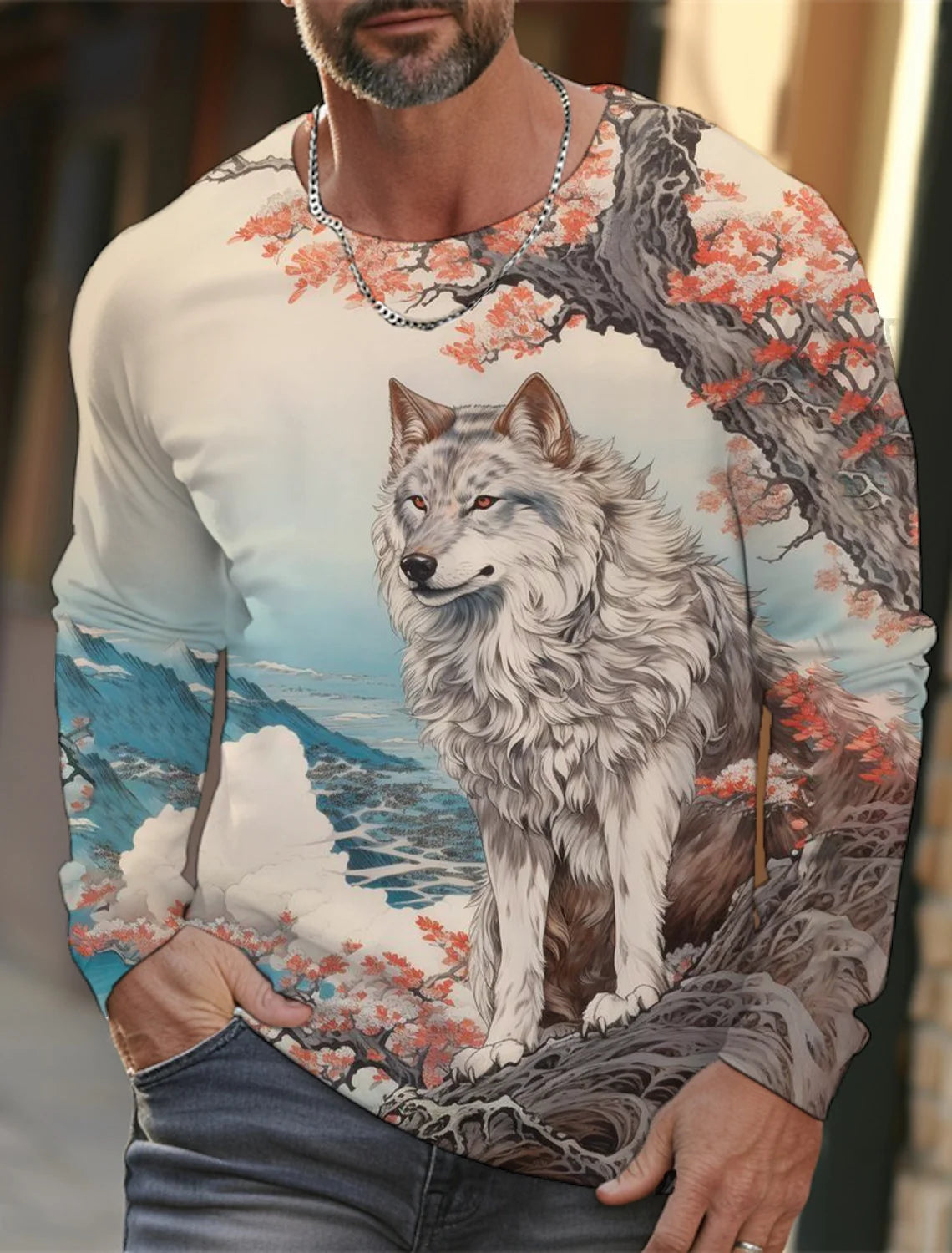 2024 new men's Ukiyoe long-sleeved T-shirt 3d printed high-definition wolf print men's autumn top casual round neck T-shirt
