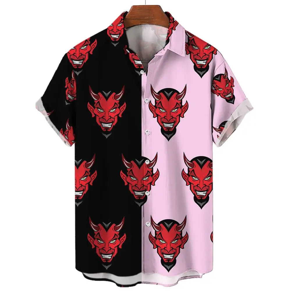 Summer Mens Hawaiian Casual Collar Shirts Short Sleeve Button Skeleton Demon Print Beach Floral Fashion Vintage Clothing XS-5XL