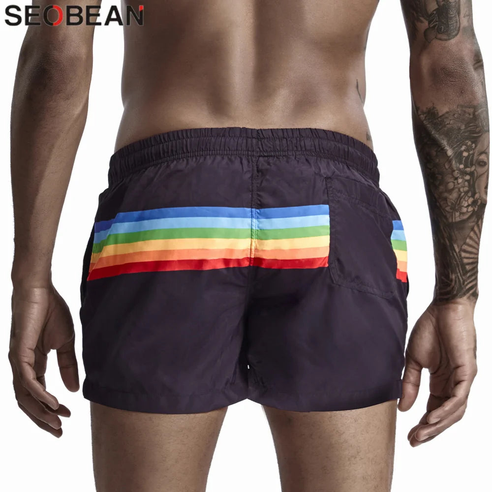 SEOBEAN Summer Men's Shorts 100% Polyester Quick Dry Beach Shorts Fashion Holiday Casual Board Shorts Stripes Shorts For Man
