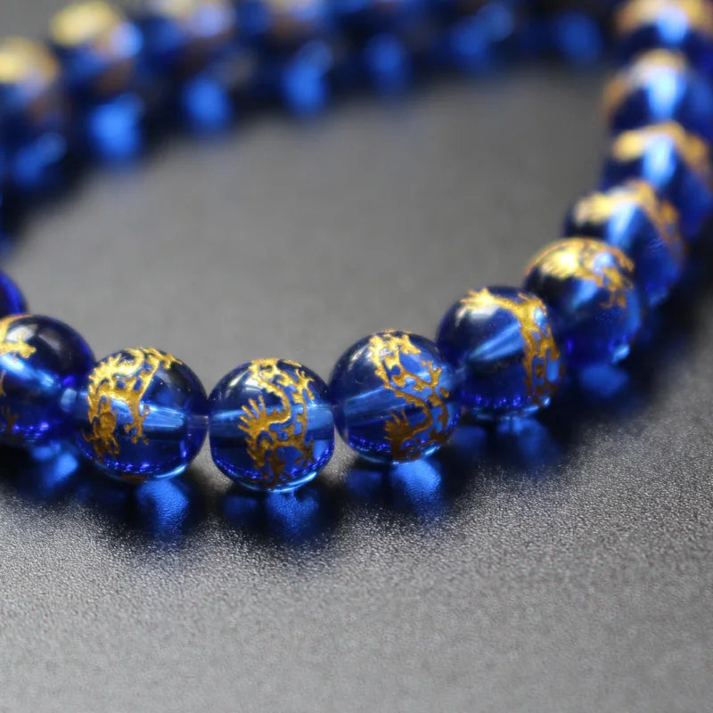 10Pcs 8mm 10mm Glass Beads Cobalt Blue Color with Carving Gold Dragon Fashion Beads for Jewelry Making