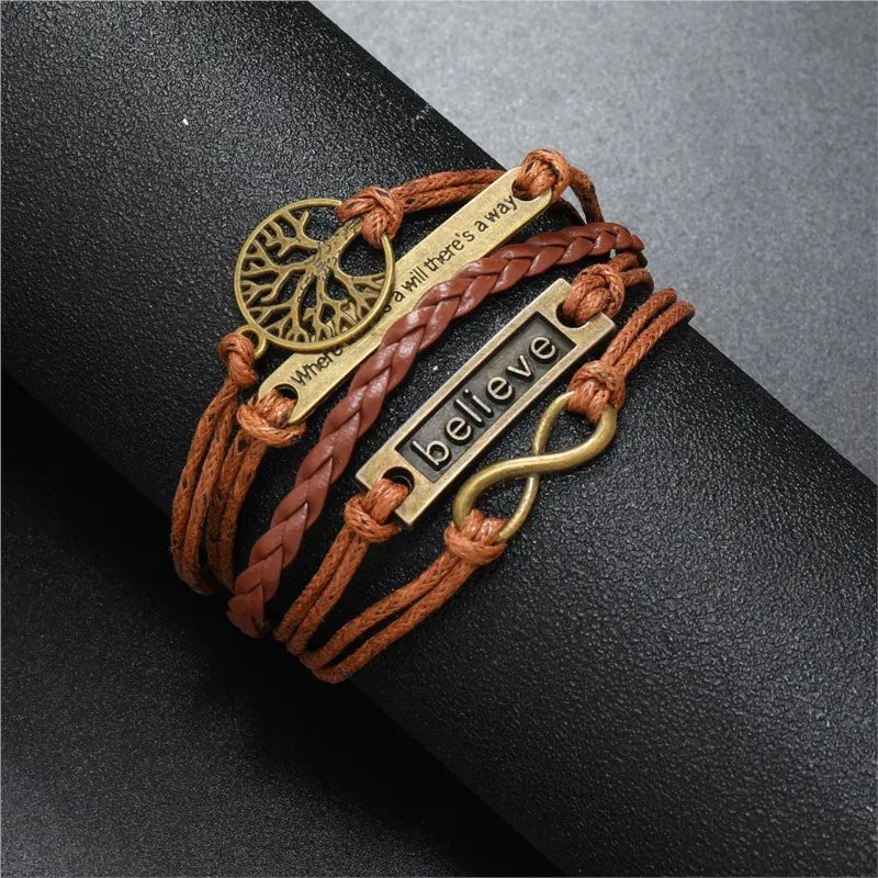 Brown Braided Wrap Leather Infinity Charm Bracelet Believe Tree of Life
