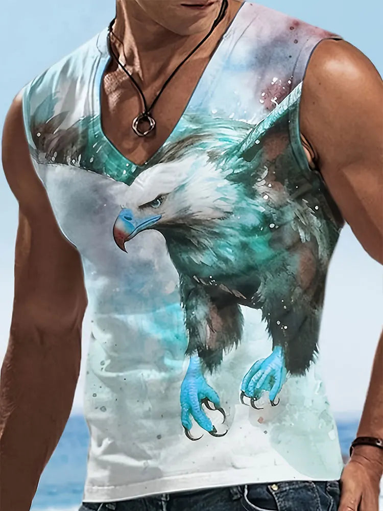2024 New Summer Everyday Street Men's Tank Top Outdoor Beach Casual Men's Sleeveless T-shirt Eagle Print Men's V-neck Tank Top