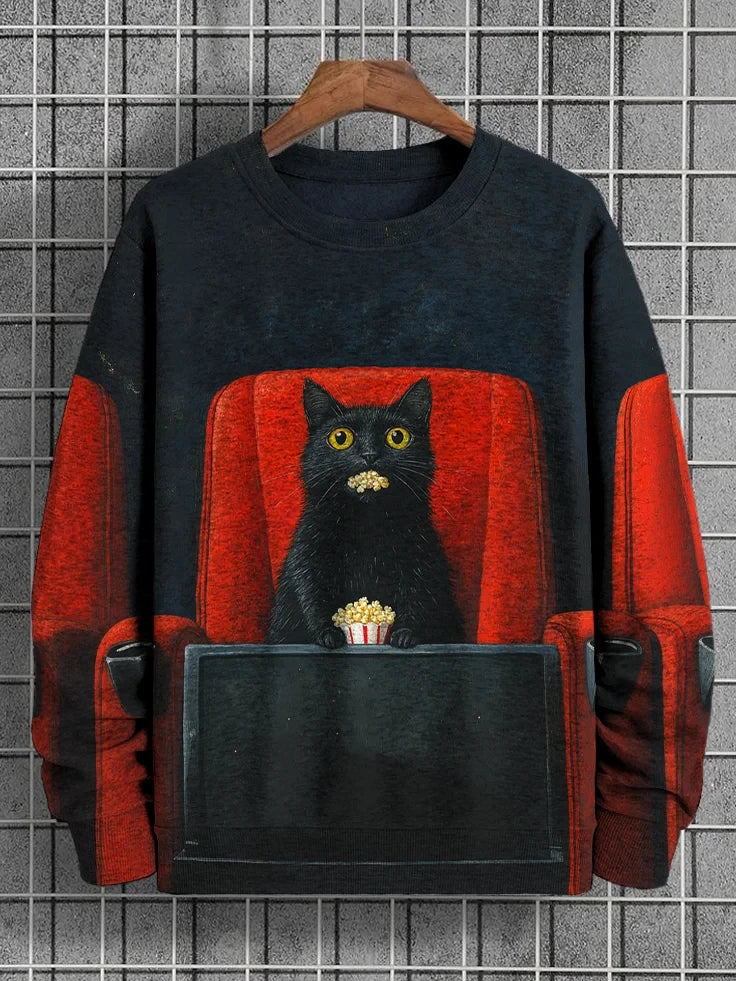 Men's Winter Skiing Animal Kitten Printed Casual Sweatshirt Fashion Round Neck Pullover Sweatshirt Polyester Fabric 2025 New