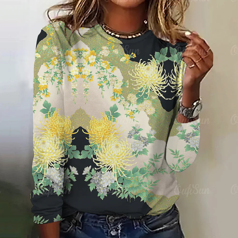 Women's Oil Painting Floral Print Long Sleeve T-Shirt Casual Crewneck Streetwear Tops Pullover Homewear