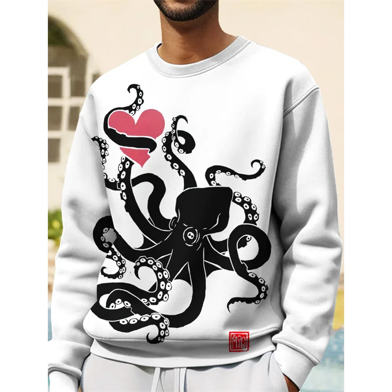 3D Print Japanese Ukiyoe Wave Hoodie For Men Devil Fish Jellyfish Graphic Sweatshirt Casual O-Neck Pullover Hoodies Long Sleeves