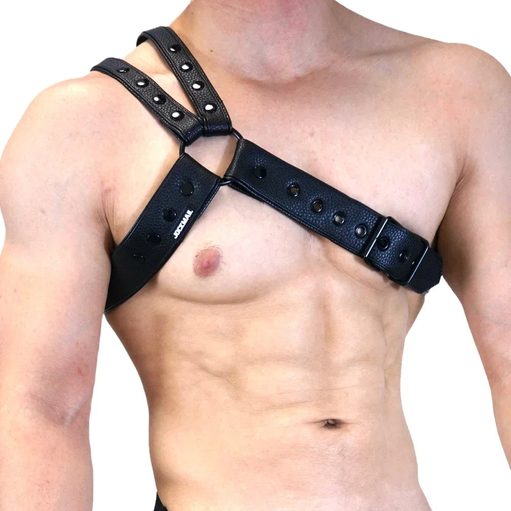 Men's Leather Tri Harness Chest Armor Buckles Adjustable Size Removable Pouch Faux Leather Jockstrap Gay Underwear Costumes