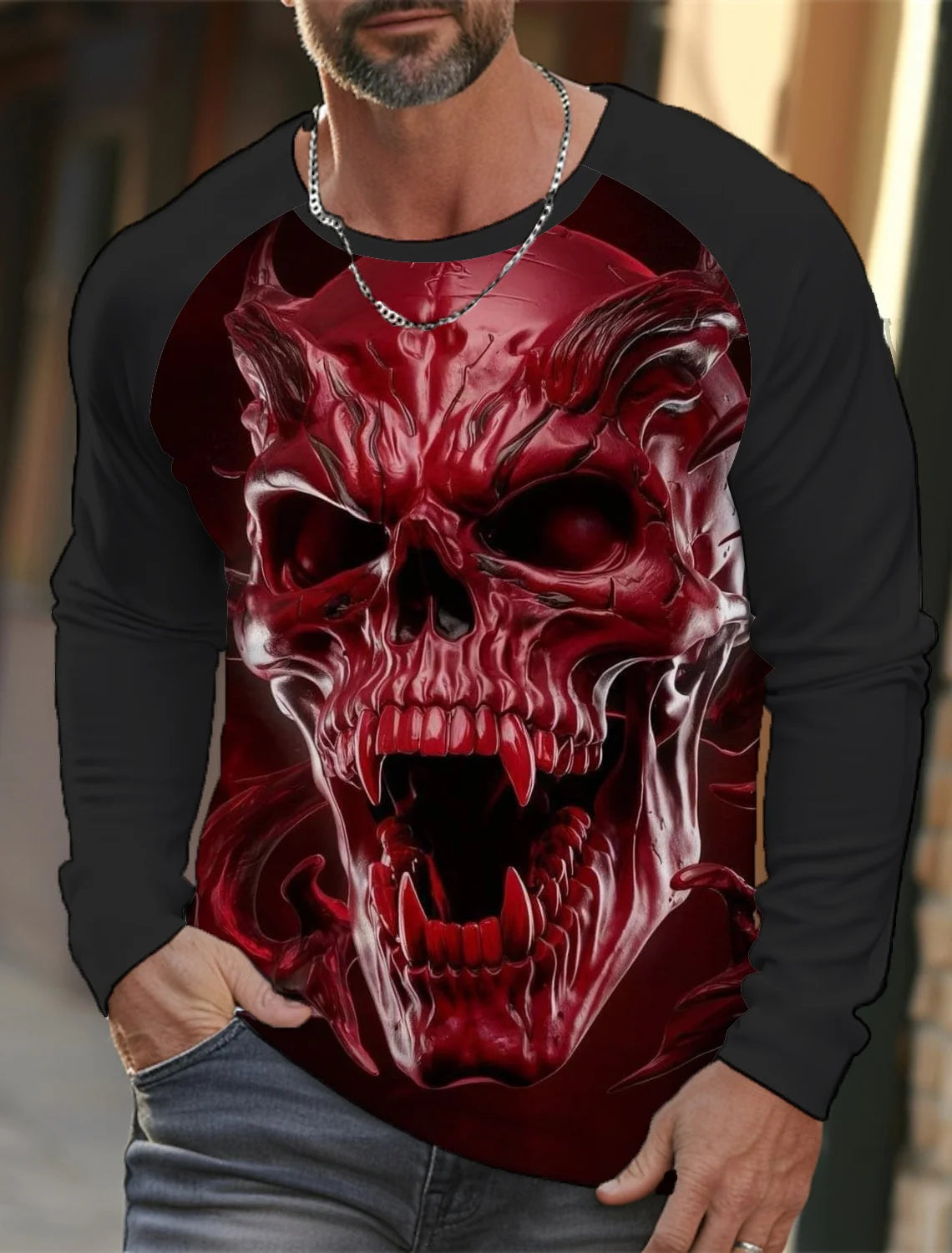 Men's long-sleeved T-shirt 3D printed high-definition skull stitching printing men's autumn tops casual round neck home clothes