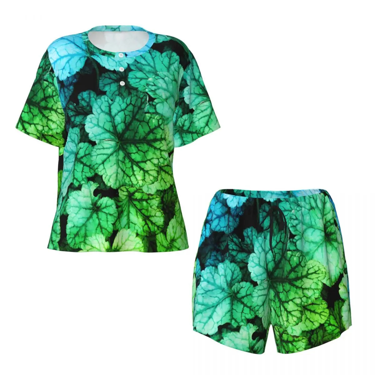 Green Leaf Print Pajamas Short Sleeve Lush Foliage 2 Pieces Leisure Pajama Sets Daily Woman O Neck Vintage Nightwear
