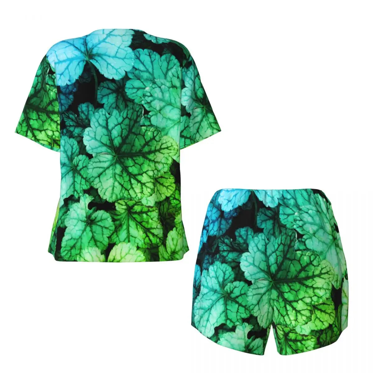 Green Leaf Print Pajamas Short Sleeve Lush Foliage 2 Pieces Leisure Pajama Sets Daily Woman O Neck Vintage Nightwear