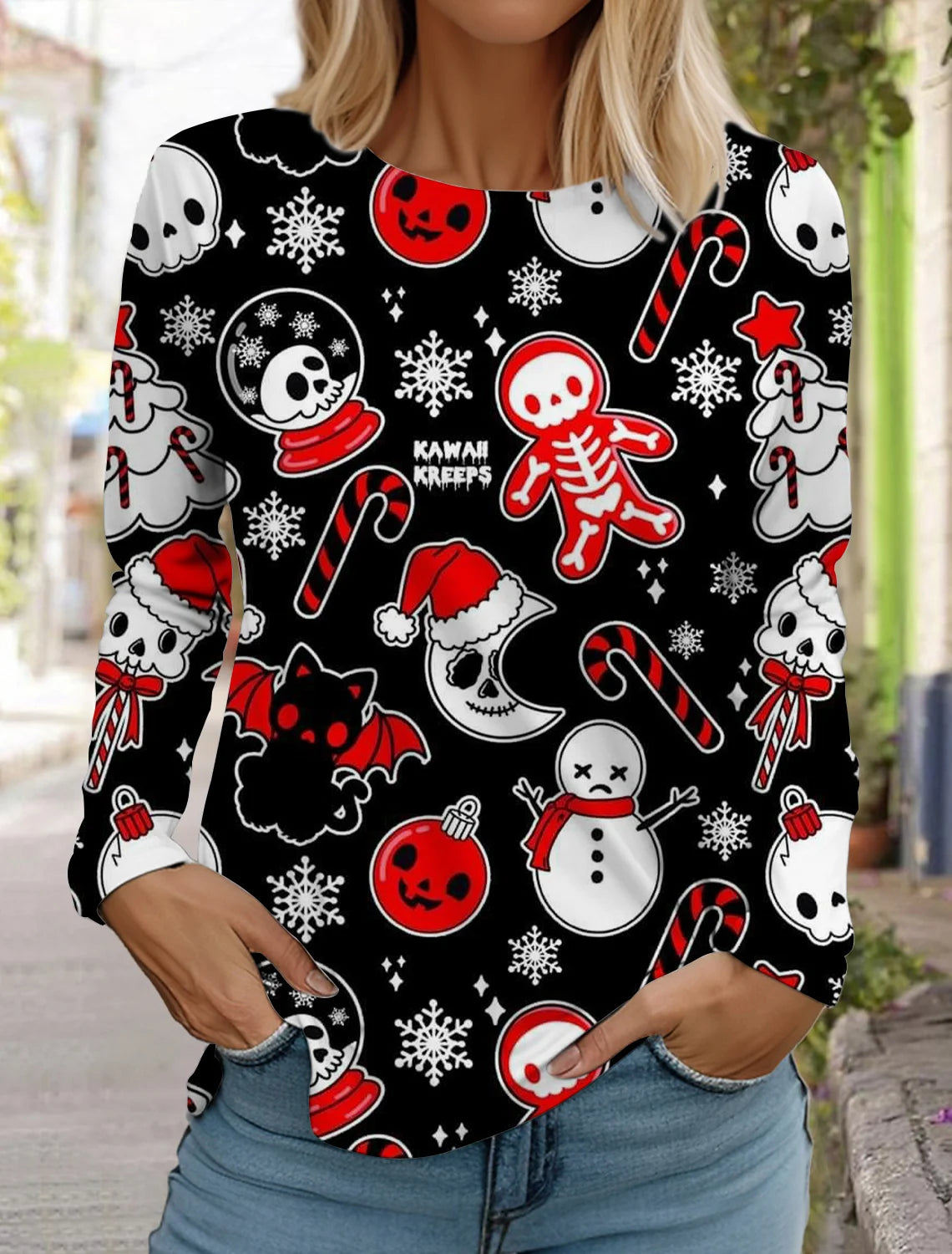 Halloween skull pumpkin print pullover autumn and winter women's casual long sleeve round neck sweatshirt men's clothing