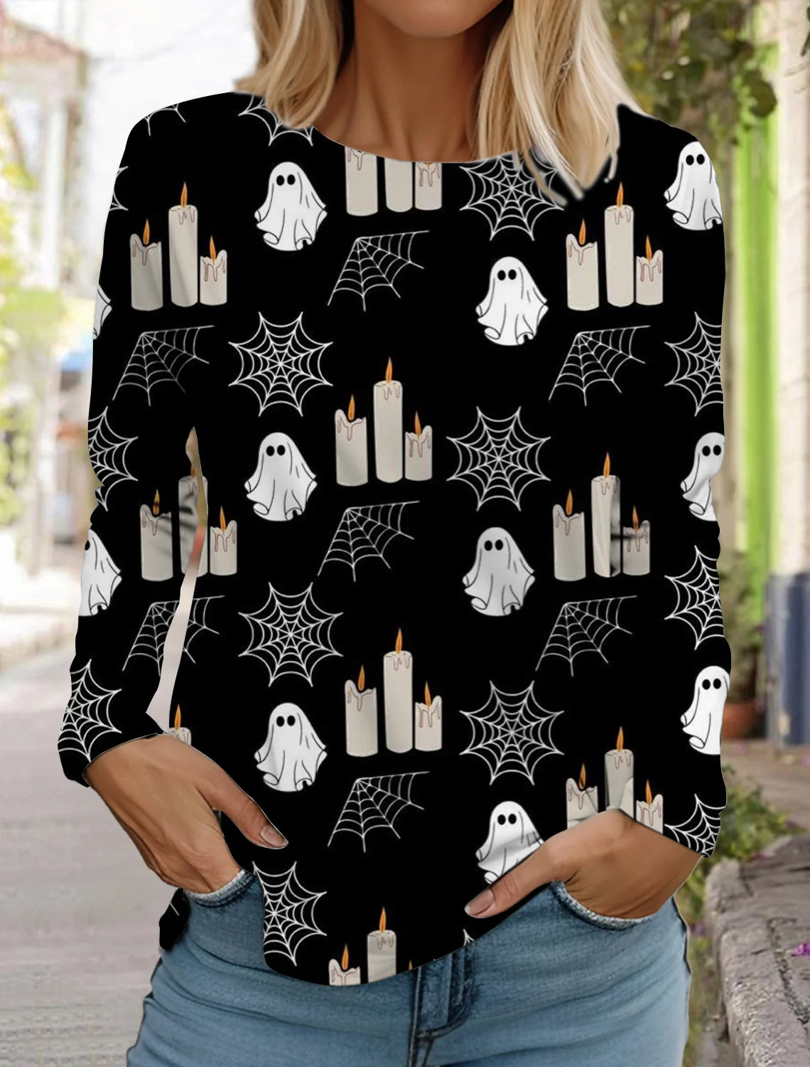 Halloween skull pumpkin print pullover autumn and winter women's casual long sleeve round neck sweatshirt men's clothing