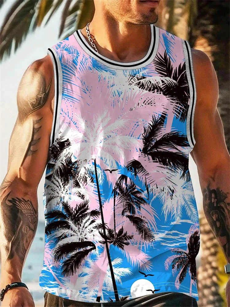 Summer Tank Top Men's Hawaii Beach Casual Clothing Quick Drying Silk Fit Sleeveless Shirt Mens Fashionable Body-Shaping Tank Top