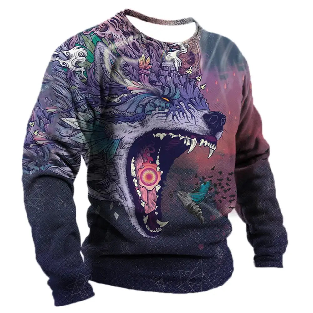 Men's Long Sleeve T-shirt Winter 3D Animal Print T Shirts Street Fashion Wolf Pattern Tops Tees Oversized Men's Clothing