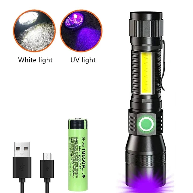 UV Light & Strong Light Flashlight USB Rechargeable Camping Lantern Pets Urine Stains Black Light Led Ultraviolet Torch Lamp