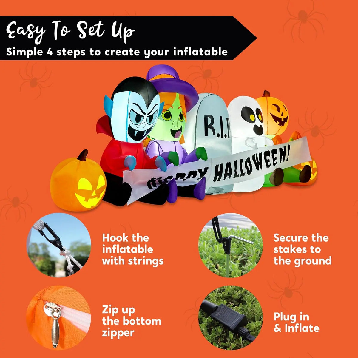 8 FT Long Pumpkin Ghost Vampire Witch Tombstone Inflatable Halloween Decor Outdoor