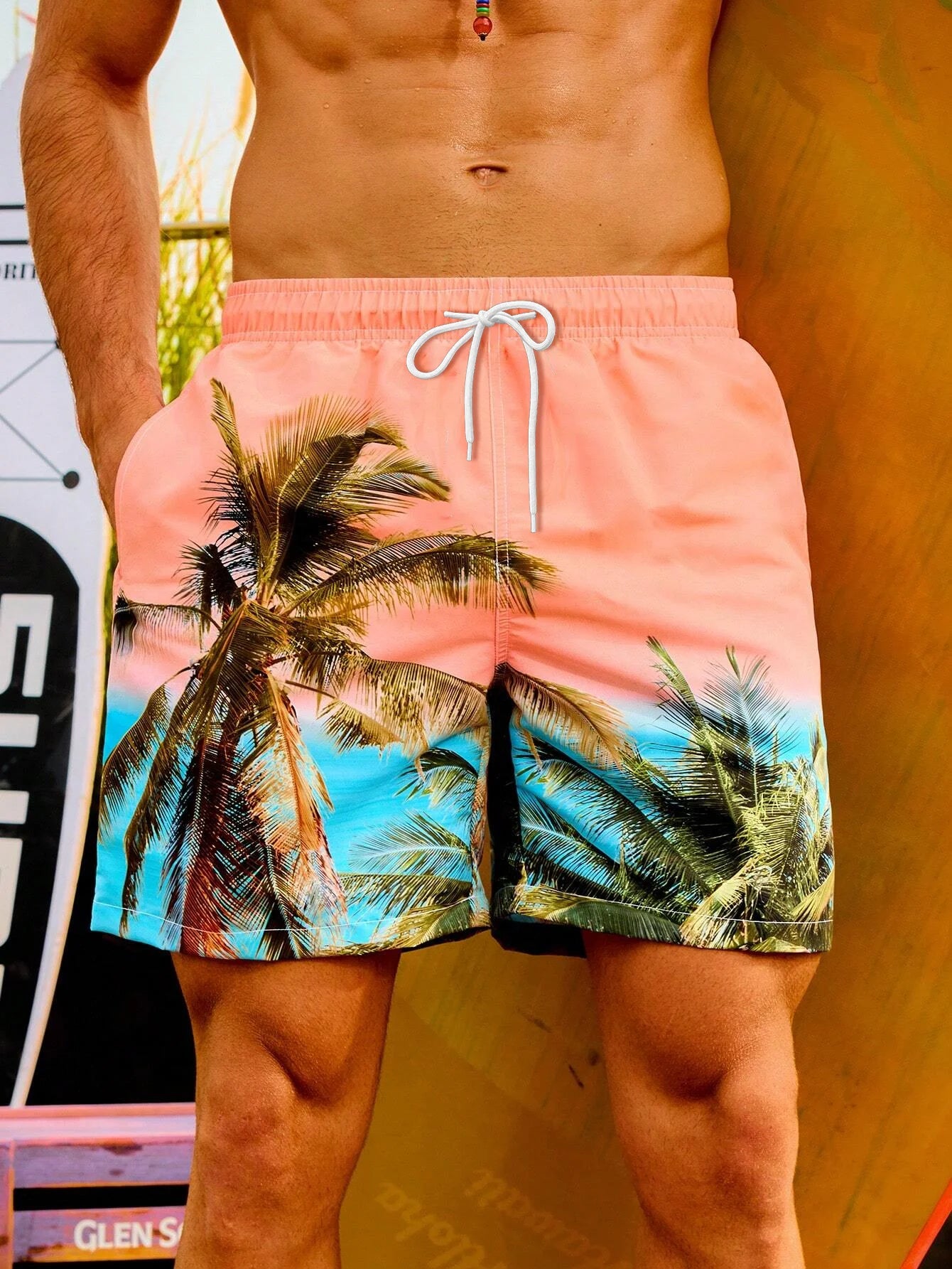 3d Coconut Tree Print Men's Casual And Fashionable Beach Loose Shorts Summer Plus Size HawaiianDrawstringSurfingPolyesterShorts