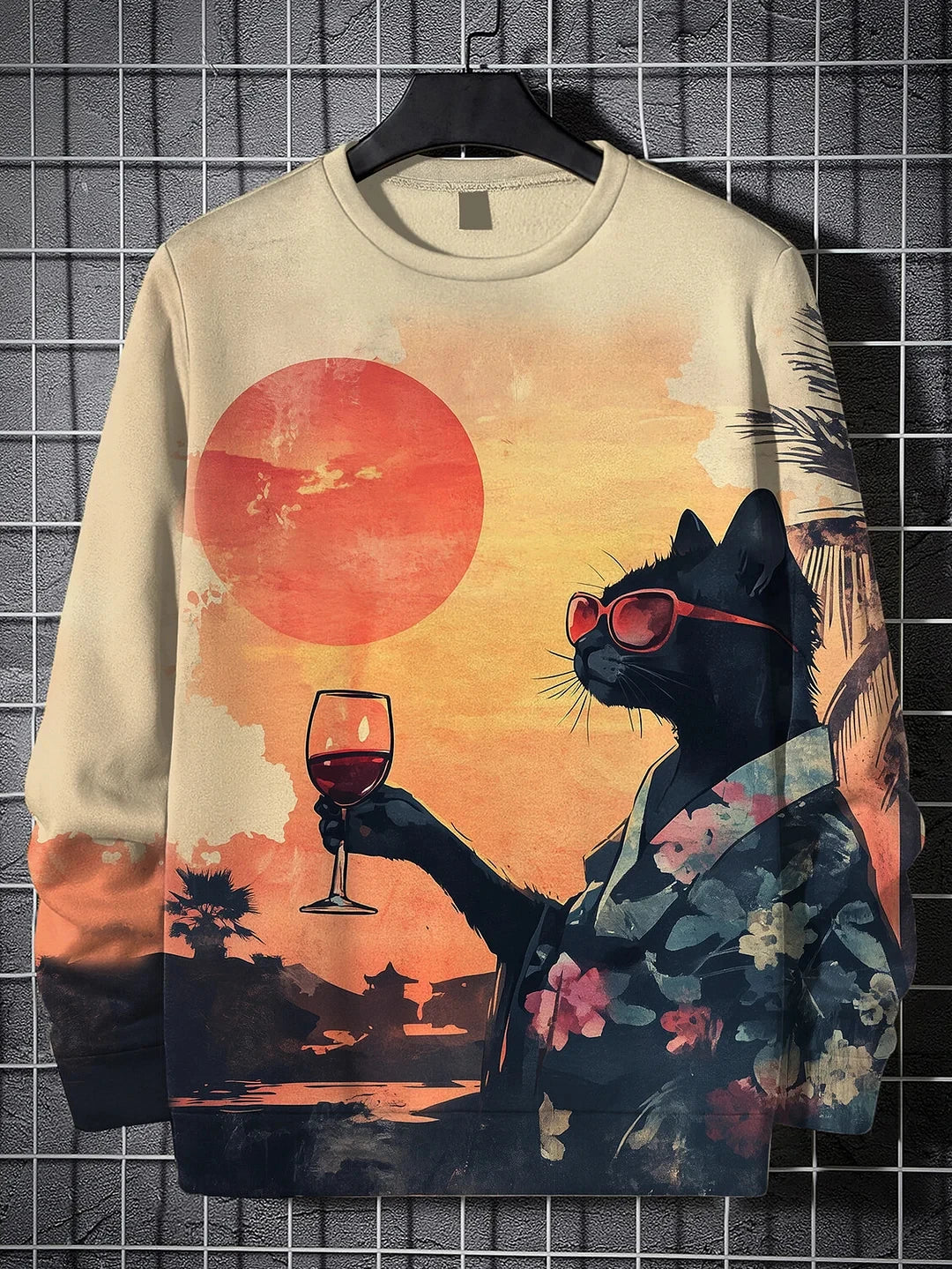 Men's Winter Skiing Animal Kitten Printed Casual Sweatshirt Fashion Round Neck Pullover Sweatshirt Polyester Fabric 2025 New