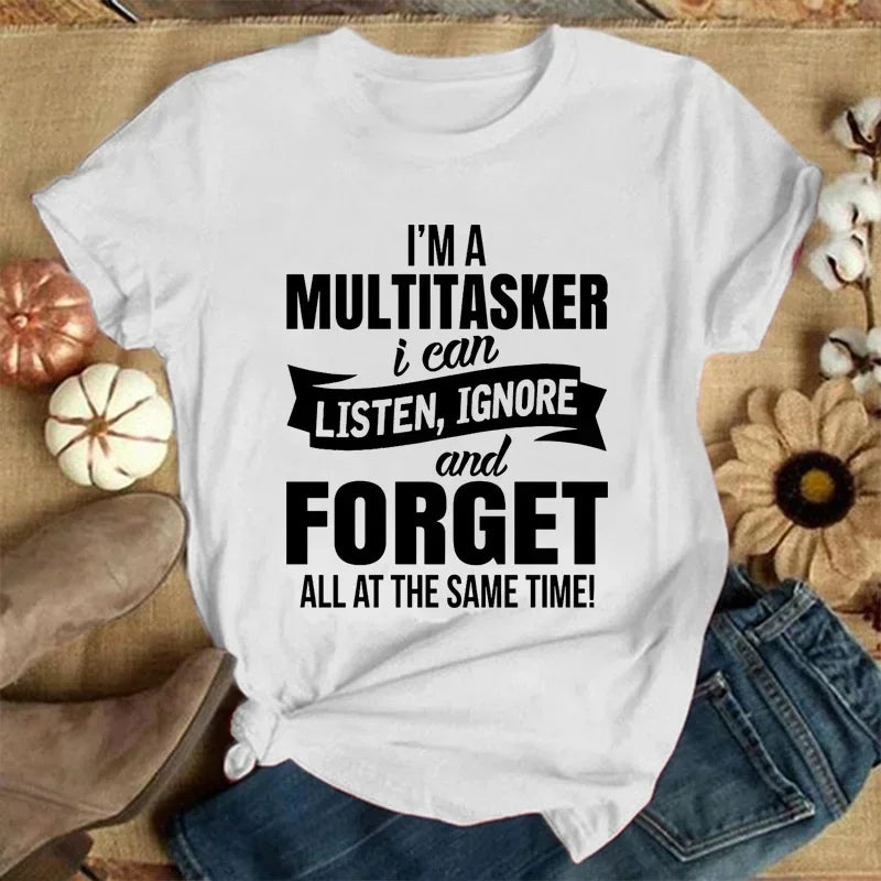 I'm A Multitasker Print T-shirt with Funny Saying Men and Women's Fashion Graphic Tee Black T Shirt Summer Short Sleeve Shirts