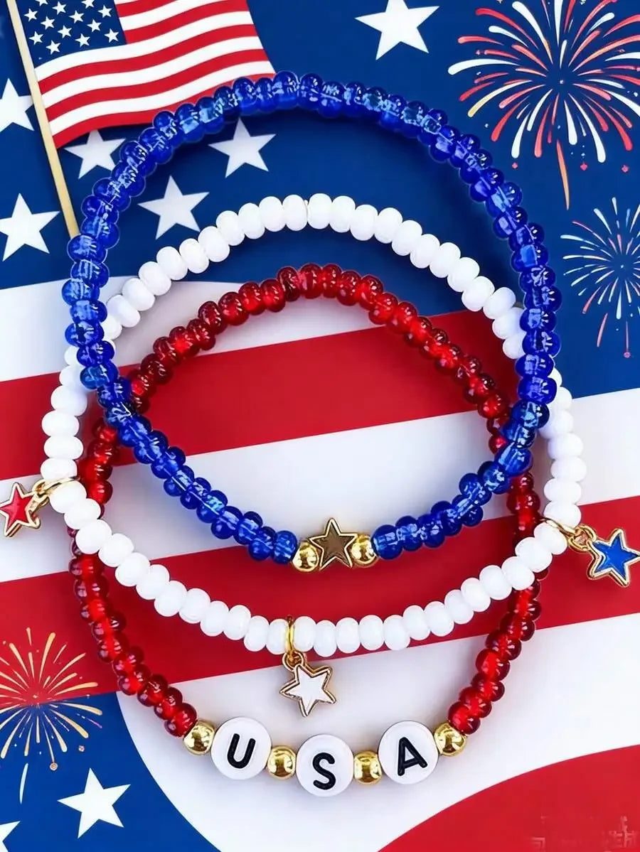 3pcs Red White Blue Beaded Bracelet Set With Star And USA Letter Charms For Women Independence Day