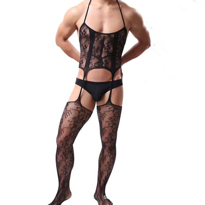 Plus Size Men's Black Sexy Lingerie Fishnet Body Stockings Male Underwear Exotic Lingerie for Man Open Crotch Transparent Tights