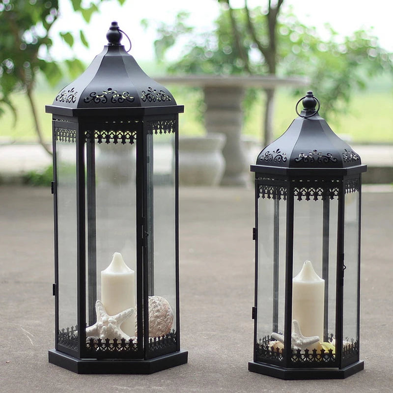 Wrought Iron Candlestick European Style Windproof Lamp Glass Lantern Wind Lamp Candlestick For Wedding Ornament Outdoor Floor