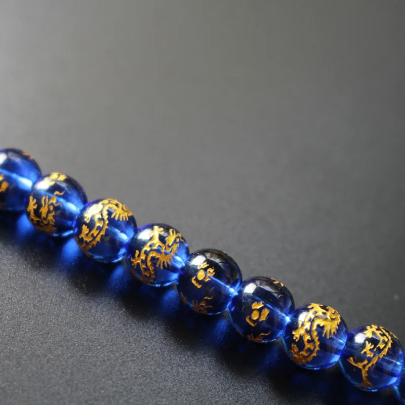 10Pcs 8mm 10mm Glass Beads Cobalt Blue Color with Carving Gold Dragon Fashion Beads for Jewelry Making
