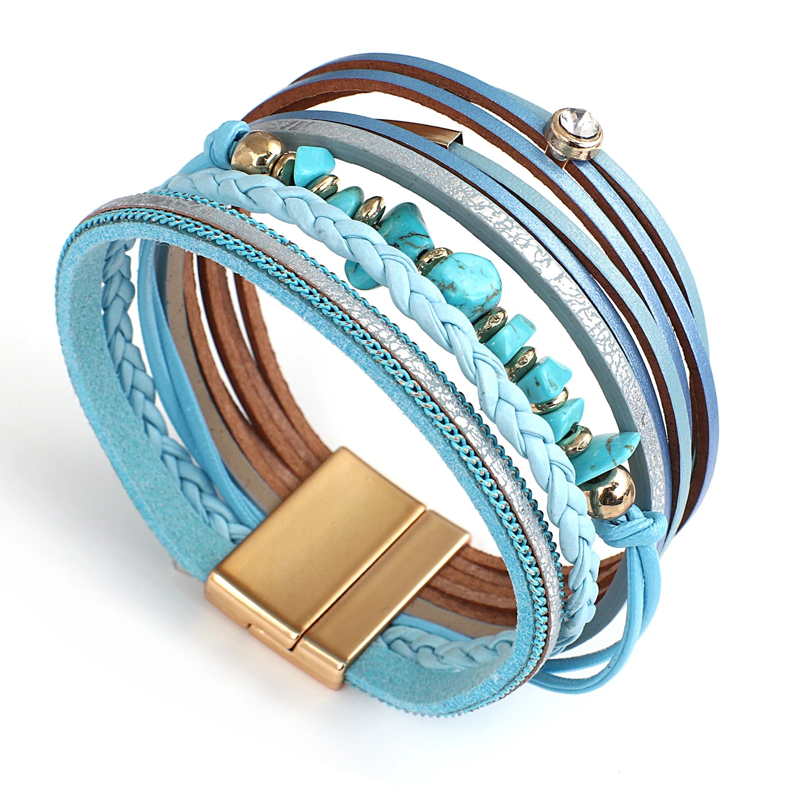 ALLYES Vintage Natural Stone Leather Bracelet for Women Men Boho Handmade Braided Crystal Multilayer Wrap Bracelet Charm Jewelry