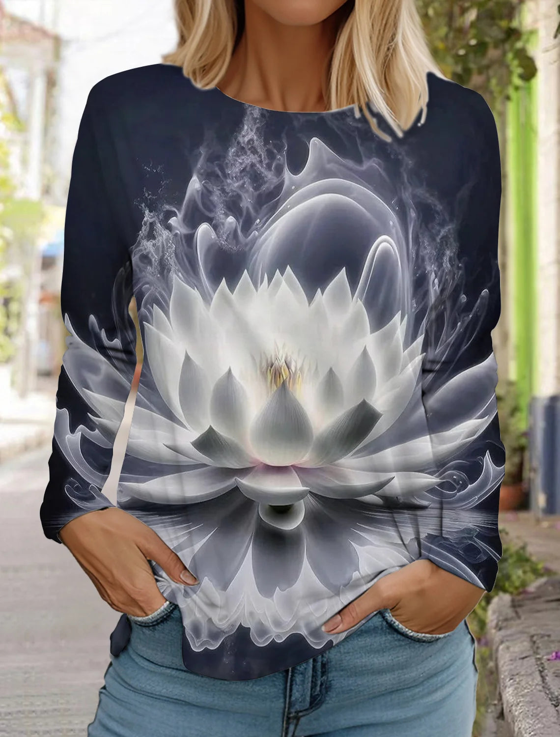 2024 women's fashion retro tops long sleeve round neck pullover casual long sleeve t-shirt new 3d printed lotus print t-shirt