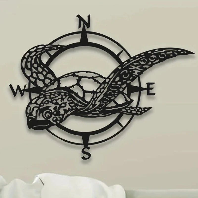 HelloYoung Black Metal Sea Turtle Compass Wall Sign - Perfect Beach Home Decor for Kitchen, Garden, and Housewarming Gifts