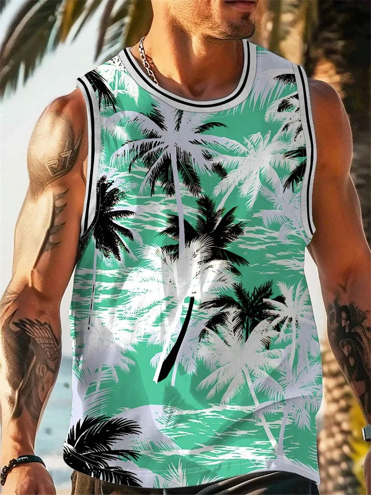 Summer Tank Top Men's Hawaii Beach Casual Clothing Quick Drying Silk Fit Sleeveless Shirt Mens Fashionable Body-Shaping Tank Top