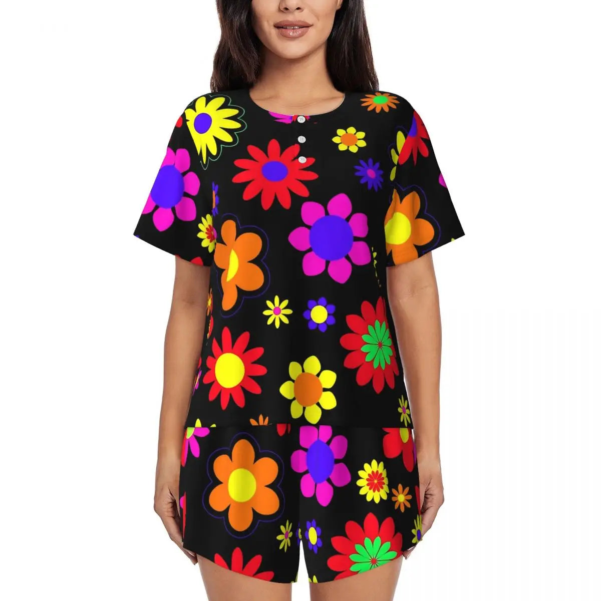 Flower Power Pajamas Spring 2 Pieces Purple Hippie Cute Pajama Sets Lady Short Sleeve O Neck Casual Custom Nightwear