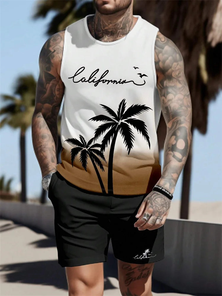 Summer Tank Top Men's Hawaii Beach Casual Clothing Quick Drying Silk Fit Sleeveless Shirt Mens Fashionable Body-Shaping Tank Top