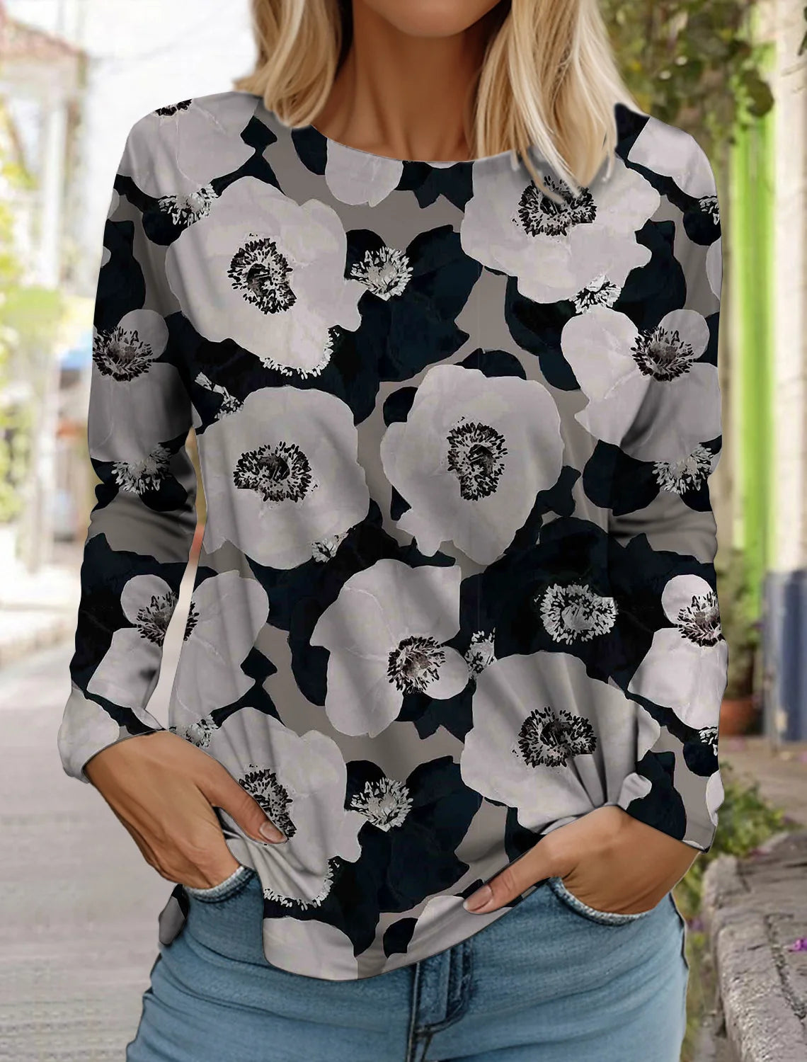 Women's white long-sleeved tops round neck casual tops 3d printed flowers fashion stickers printed women's long-sleeved T-shirt