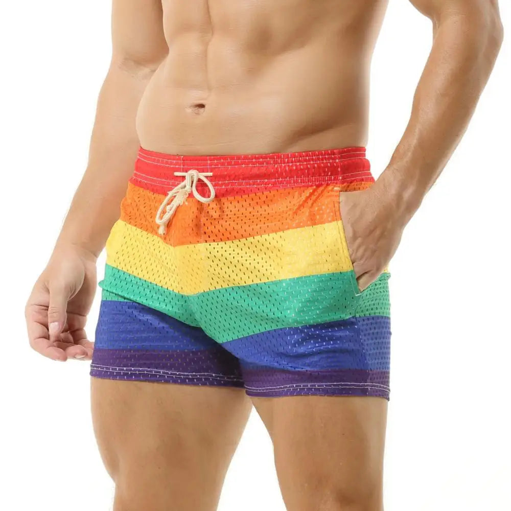 Men's Shorts Rainbow Stripe Fashion Casual Shorts Mesh Breathable Drawstring Sports Shorts Gym Men Boxer Shorts Bottoms Pocket